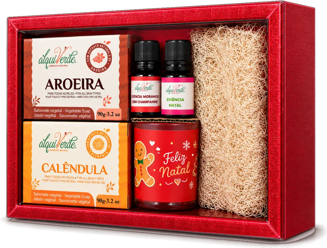 Kit AlquiVerde em caixa vermelha com sabonetes, essências, vela aromática de panetone e bucha vegetal